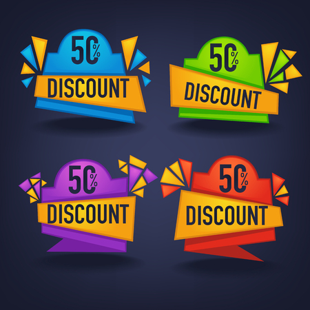 vector collection of bright discount tags, banners and stickers on dark backgroundのイラスト素材