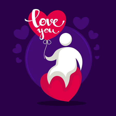 love you, funny man sitting on heart, holding a balloon, happy valentine greeting cardのイラスト素材