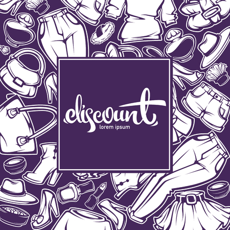 Flyer and banner teplate design with images of clothes, shoes, cosmetic and fashion accessoriesのイラスト素材