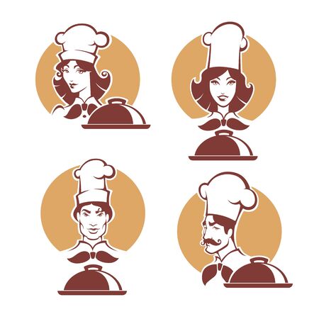 chef and woman chef, vector portrets of professional, in retro style for your logoのイラスト素材