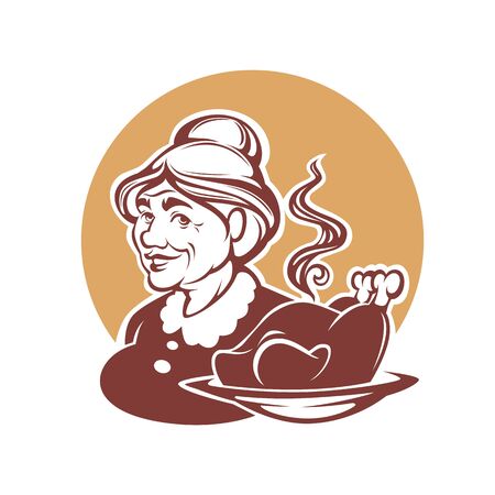 vector portrait of lovely grandmother and home made turkey food for your logoのイラスト素材