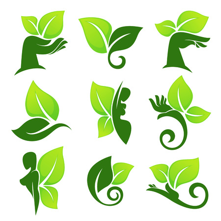 green leaves, hands and woman body, vector collection of emblems and symbols for your eco logoのイラスト素材
