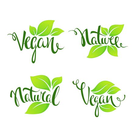 vegan and nature, green glossy leaves and lettering composition for your labels, logo, emblems design templateのイラスト素材