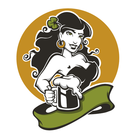 Sexy girl and beer, vector emblem for you Saint Patrick day designのイラスト素材