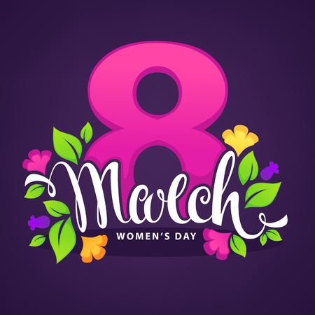8 March - Women's Day, greeting card design template with green leaves, bright spring flowers and lettering compositionのイラスト素材
