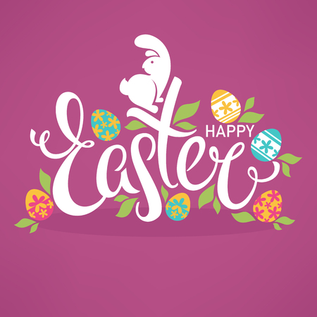 Happy Easter, bright design template for your greeting card with image of rabbit, decorated eggs and lettering compositionのイラスト素材