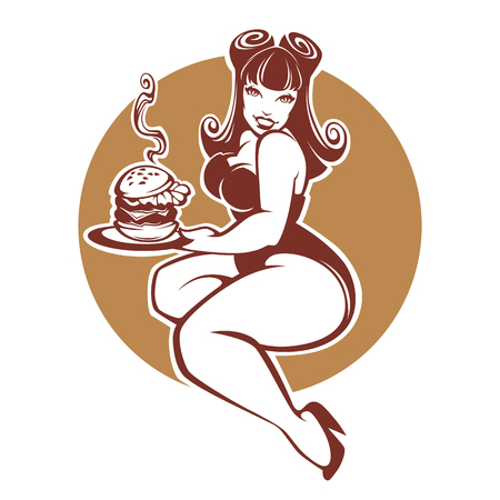 beauty plus size pinup girl with gigantic tasty burgerのイラスト素材