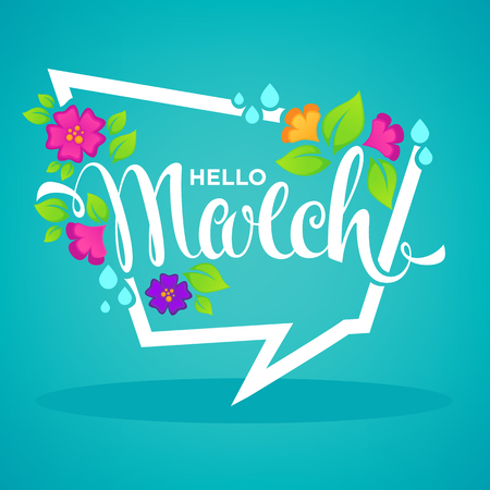 Hello March, vector banner design template with images of green leaves, bright flowers and lettering compositionのイラスト素材
