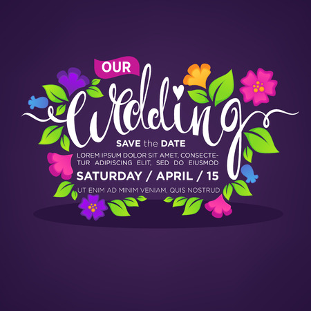 Our floral spring wedding,  vector lettering composition, with images of leaves and flowersのイラスト素材