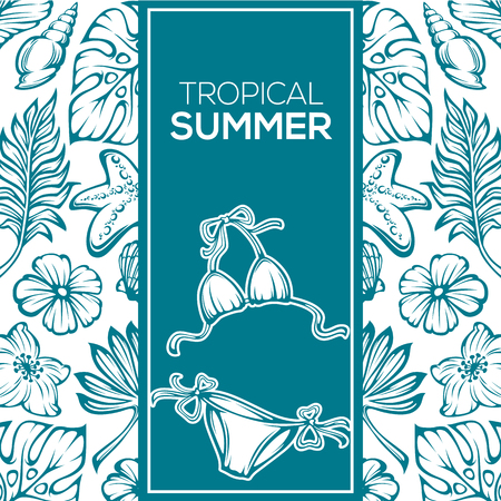 tropical summer background, leaves, flowers and seashells ornamental bannerのイラスト素材