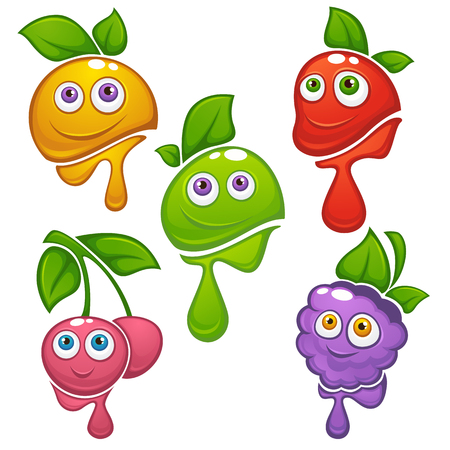 vector collection of fresh funny cartoon  fruits and berries, stickers, labels and emblemsのイラスト素材
