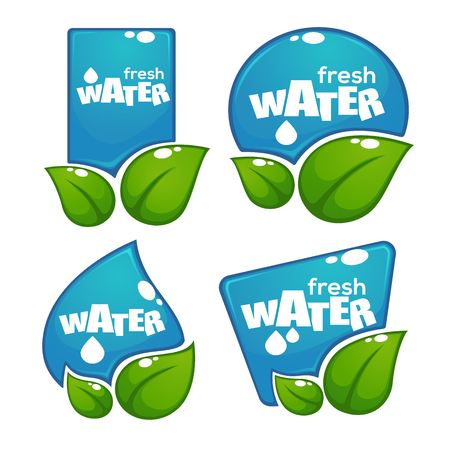 glossy and shine water labels and banners with green leaves on white backgroundのイラスト素材