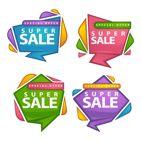 uper sale, vector collection of bright discount bubble tags, banners and stickersのイラスト素材
