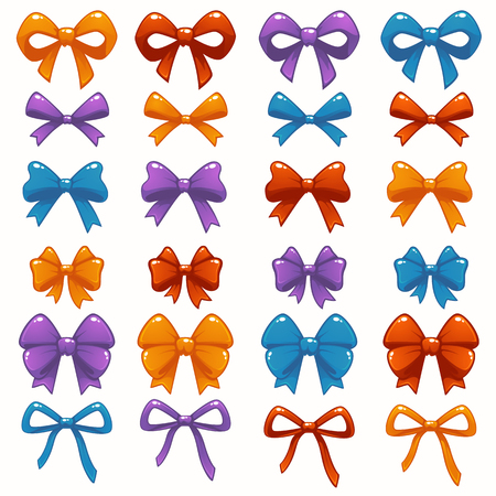 cartoon, shine and glossy bows and ribbons collection gold, red, blue and purpleのイラスト素材