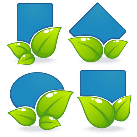 glossy and shine water labels and banners with green leaves on white backgroundのイラスト素材