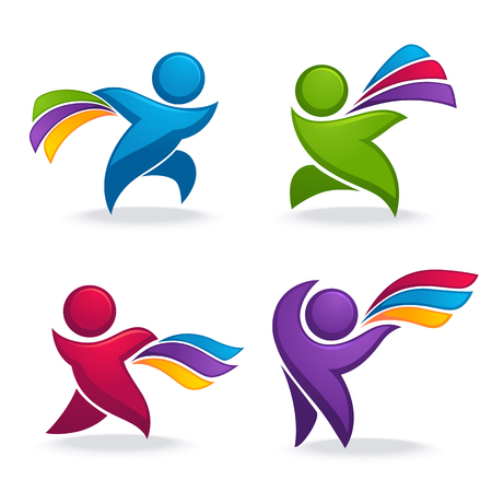 abstract spoortive people with vibrant rainbow ribbons in hands for your logo or emblemsのイラスト素材