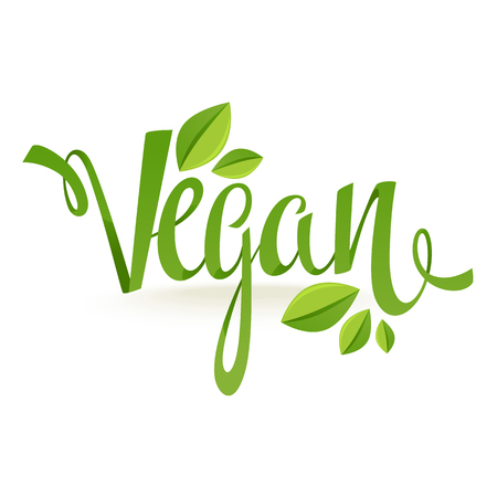 vegan, healthy and organic, green glossy leaves and lettering composition for your labels, logo, emblems design templateのイラスト素材