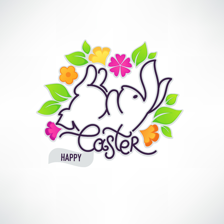Happy Easter doodle design template for greeting card with image of rabbit, leaves, flowers and letteringのイラスト素材