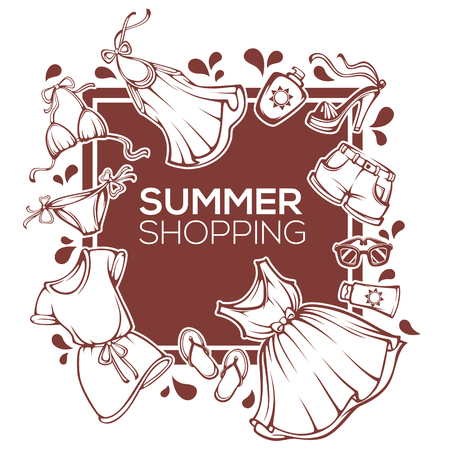 Summer shopping vector fashion design template with  clothes, accessories, shoes, and swimsuitのイラスト素材