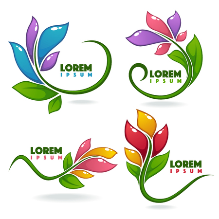 Vector collection of glossy and cartoon leaves and flowers decorative  framesのイラスト素材
