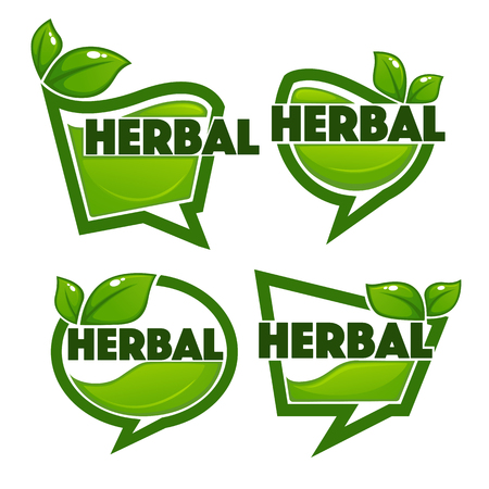 Herbal drinks vector collection of bright and shine leaf signs, symbols eco and bio organic slogansのイラスト素材