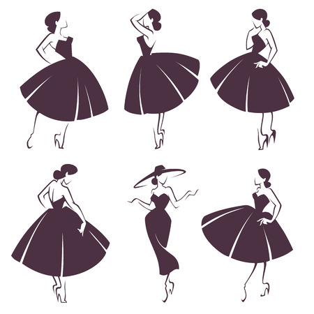 New look girls, vector collection of lady in retro style dressのイラスト素材