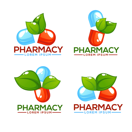 Eco Pharma, Glossy nd Shine Logo Template with Images of Pills and Green Leavesのイラスト素材