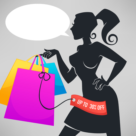 vector silhouette of beautiful fashionable lady, holding shopping bags for your discount banner or flyer のイラスト素材