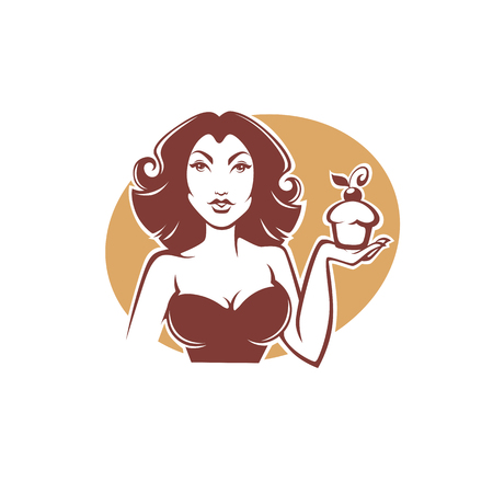 beauty retro pinup girl holding a delicious tasty cupcake for your logo or emblemのイラスト素材