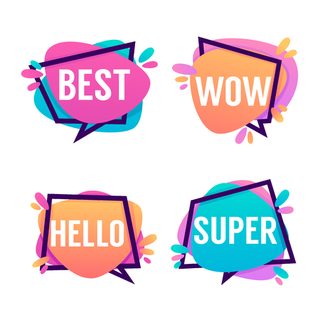 Cute And Bright Speech Bubbles With Emotional Words Best, Wow, Hello, Superのイラスト素材