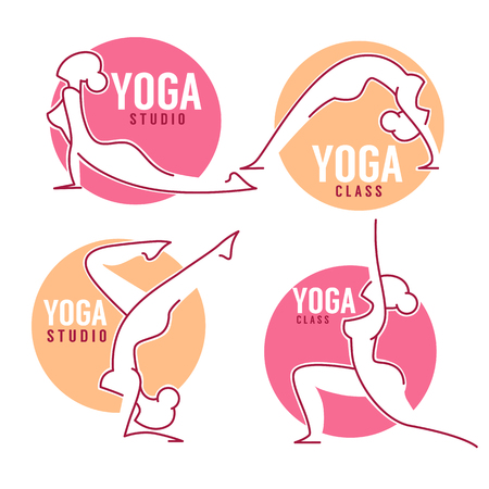 Yoga Class, Women Poses For Your Logo Template Line Art Styleのイラスト素材