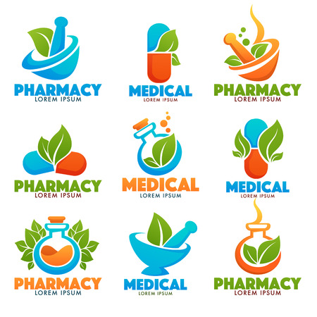 Eco Pharma, Glossy Shine Logo Template with Images of bottles, pounder, pills and green Leaves.のイラスト素材