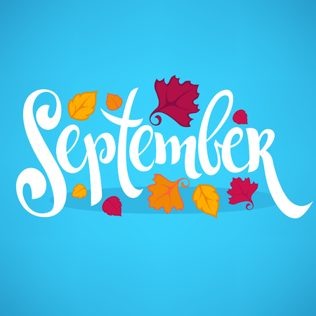 Hello September, bright fall leaves and lettering composition or banner templateのイラスト素材