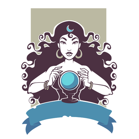 fortune teller, beautiful gypsy girl reading future on crystal ballのイラスト素材
