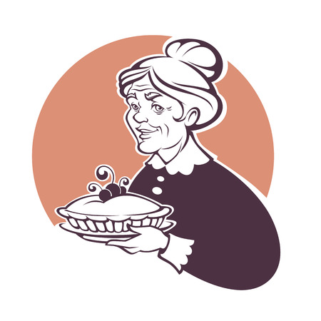 vector portrait of lovely grandmother and home made pie, for your logo or labelのイラスト素材