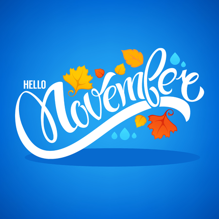 hello November, bright fall leaves and lettering composition flyer or banner templateのイラスト素材