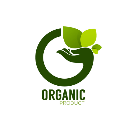 Nature product Logo, ecological symbol and sign, human hand and green growing plantsのイラスト素材