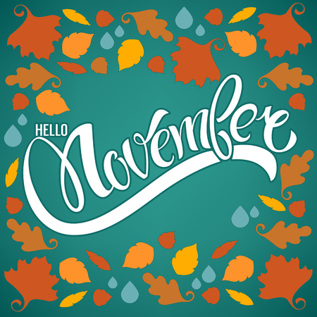 Hello November, bright fall leaves and lettering composition flyer or banner templateのイラスト素材