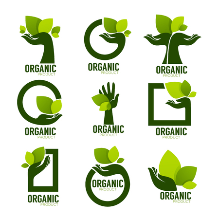 Nature Product Logo Set, ecological symbol and sign, human hand and green growing plantsのイラスト素材