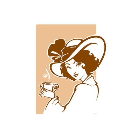 victorian lady portrait, holding a cup of tee, coffee or chocolate, with cup of tea, logo for restaurant, cafe or tea companyのイラスト素材