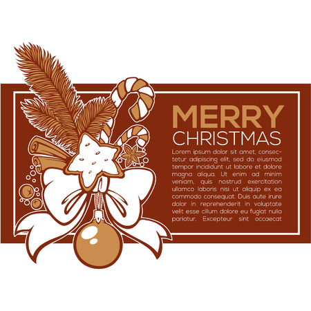 vector banner template for your greeting card with images of Christmas decoration and presents, christmas tree, ribbon, cinnamon, ginger bread and ginger breadのイラスト素材