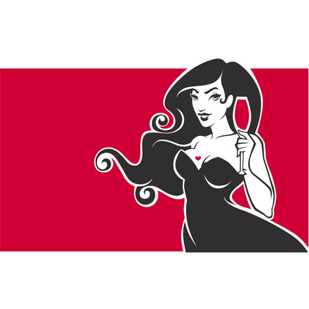 happy hours. vector emblem, flyer, banner with image of  curvy pinup lady with glass of red wine on red backgroundのイラスト素材
