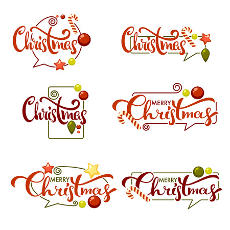 merry Christmas, bright Christmas decoration, balls and lettering compositioni doodle styleのイラスト素材