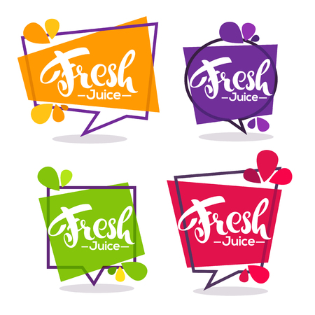 vector collection of bright geometric frames  stickers, emblems and banners for fruit and berry fresh juiceのイラスト素材