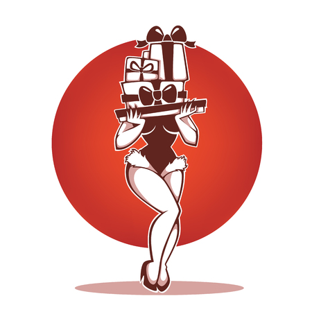 Pinup Marry Christmas and happy new year girl image with present boxesのイラスト素材