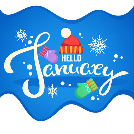 Hello January, knitted hat , mittens and snowflakes lettering composition banner templateのイラスト素材