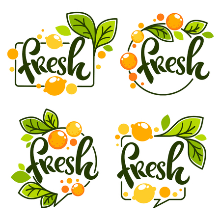 Vector collection of bright stickers, emblems logo and labels for lemon and orange fresh citrus juice with lettering compositionのイラスト素材