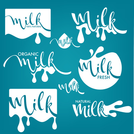 Vector collection of milk and dairy product logo, label, emblems with hand drawn lettering compositionのイラスト素材