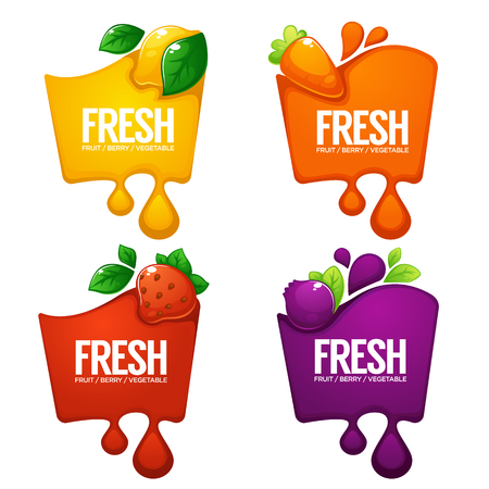 vector collection of bright  frames  stickers, emblems and banners for vegetables, fruits and berry fresh juiceのイラスト素材