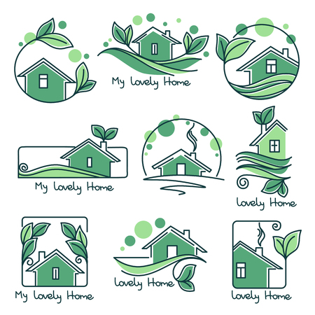 Set of ecological homes with green leavesのイラスト素材